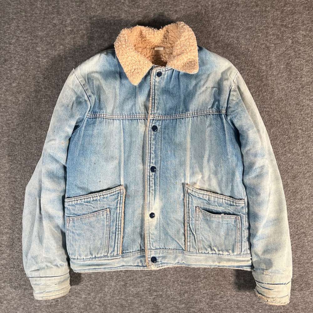 Vintage 70s 80s Sherpa Lined Denim Jacket Light Wash Distressed Trucker Coat